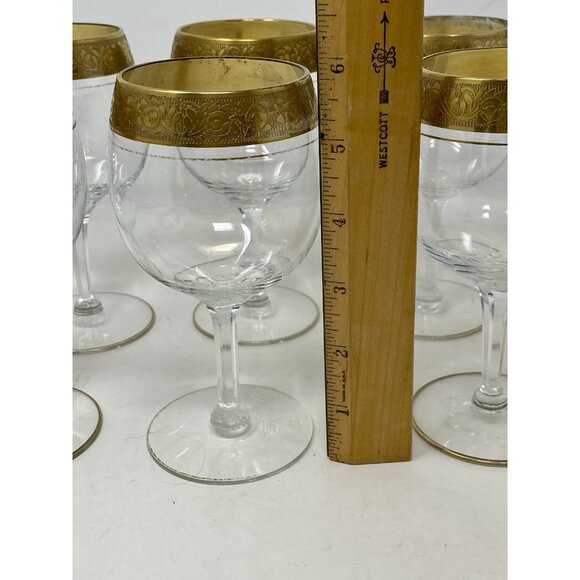 Set Of 6 Vintage MCM Double Gold Banded Wine Glasses Hexagonal Stems Plaza NYC - Picture 11 of 13